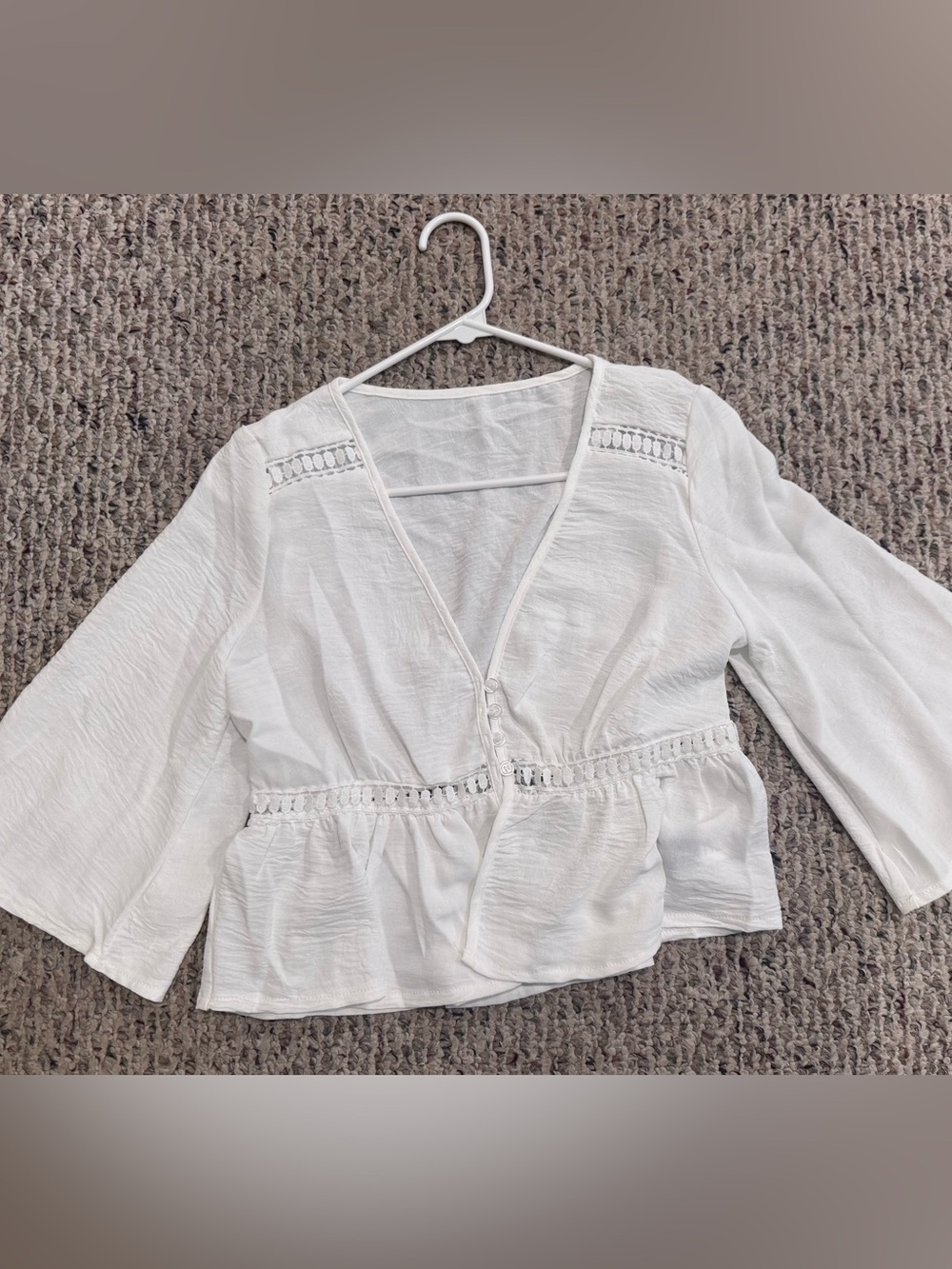 SHEIN White V-Neck Peplum Lace-Trim Blouse